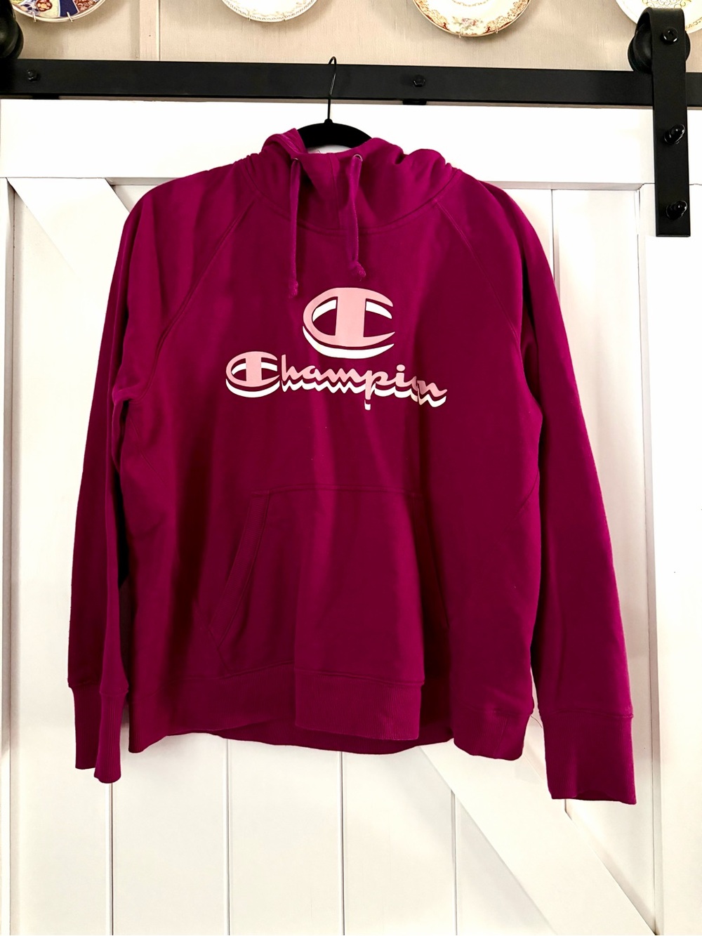 Champion Bright Magenta Hoodie with White Logo Tag
